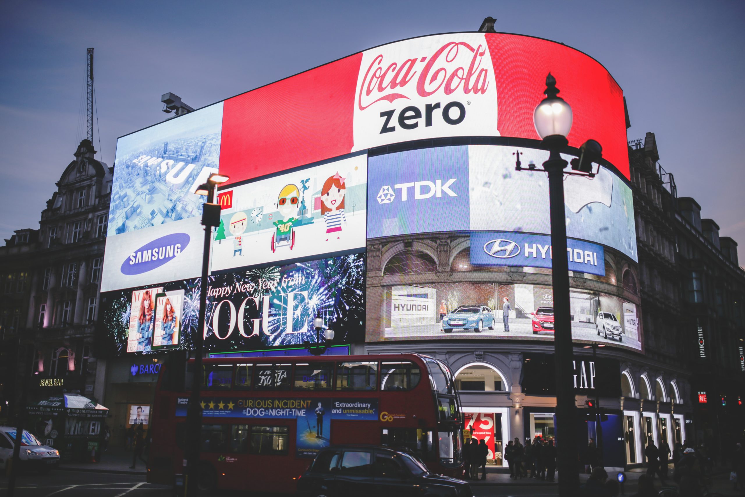 big city digital billboard of big brands displayed at street level